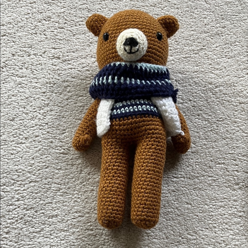 New Amigurumi crochet BearStuffed removable scarf & vest in carrier see photos
